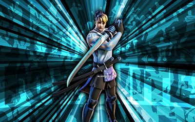 4k, azure ronin, fondo de rayos azules, piel azure ronin, azure ronin fortnite, arte abstracto, fortnite azure ronin skin, personajes de fortnite, fortnita, arte creativo