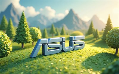 asus origami  logo, 4k, asus  logo, polygon 3d  kesämaisema, monikulmiopuut, asus, luova taide, asus  tunnus
