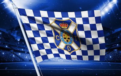 4k, logo cd tenerife, club di calcio spagnolo, flag di stadio, flag dei fan di cd tenerife, bandiera bianca blu, cd tenerife emblem, segunda, spagna, calcio, cd tenerife