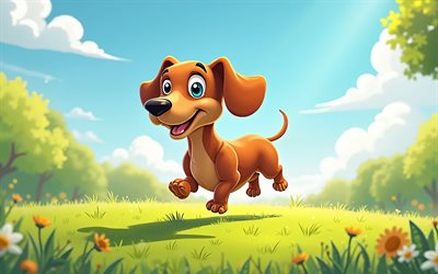dachshund laufen, 4k, zusammenfassung kunst, sommer, rasen, cartoon dachshund, haustiere, cartoontiere zeichentrickhunde, kreativ, hunde, dackel