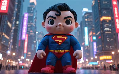 juguete de peluche de superman, 4k, superhéroe, antecedentes nocturnos, superhombre, juguetes suaves, juguete de superman, signo de superman
