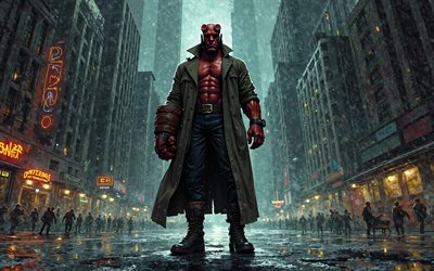 4k, hellboy, comic  kunst, superhelden, nächste männer, hellboy 3d, nacht, 3d  kunst, fan art, hellboy 4k