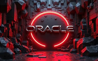4k, oracle metal  logo, luova, punaiset neonvalot, mustan kiven tausta, elektroniikkabrändit, oracle 3d  logo, tuotemerkit, taideteos, oracle  logo, oraakkeli
