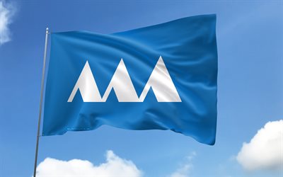 Yamagata flag on flagpole, 4K, Japanese prefectures, blue sky, flag of Yamagata, wavy satin flags, Yamagata flag, Prefectures of Japan, flagpole with flags, Day of Yamagata, Japan, Yamagata