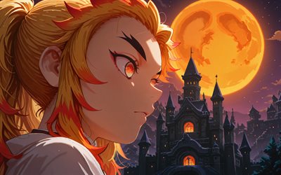 4k, kyojuro rengoku, luna arancione, castello, kimetsu no yaiba, notte, samurai, avvicinamento, guerriero, manga, protagonista, rengoku kyojuro, demon slayer corps, demon slayer, kyojuro regoku kimetsu no yaiba