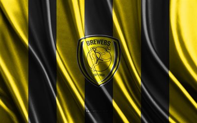 4k, logo burton albion fc, league one, consistenza della seta nera gialla, flag burton albion fc, club di calcio inglese, calcio, bandiera di seta, emblema burton albion fc, inghilterra, distintivo di burton albion fc, burton albion fc