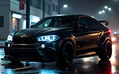 Black BMW X6, 4k, headlights, G16, nighscapes, tuning, supercars, tunnig, BMW X6, creative, BMW X6 G16, german cars, BMW