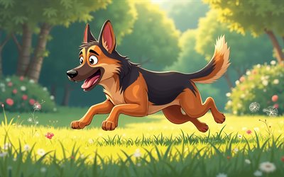 running german shepherd, 4k, abstract art, summer, lawn, cartoon german shepherd, pets, cartoon animals cartoon dogs, creative, dogs, german shepherd