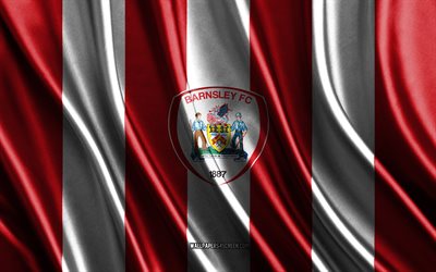 4k, Barnsley FC logo, League One, red white silk texture, Barnsley FC flag, English football club, soccer, silk flag, Barnsley FC emblem, England, Barnsley FC badge, Barnsley FC
