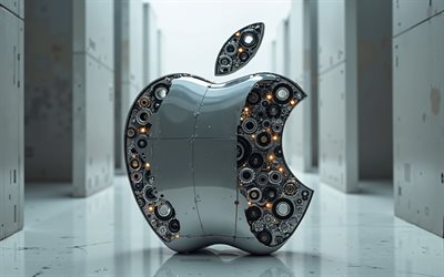 3d Apple logo, 4k, steel Apple logo with gears, mechanic art, Apple logo, Apple emblem, background with Apple logo, technology art