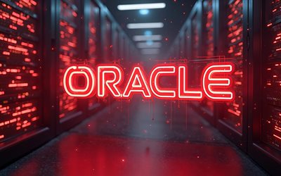 Oracle red neon logo, 4k, software brands, datacenter racks, artwork, Oracle logo, darkness, brands logo, Oracle neon logo, Oracle, brands, Oracle red logo