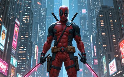 Deadpool, skyscrapers, Deadpool mask, night city, superheroes, creative art, Wade Wilson, Deadpool superhero