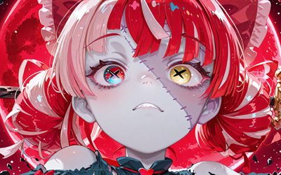 4k, Kureiji Ollie, close-up, red moon, Virtual YouTuber, portrait, VTuber, Zombie, stitches, Hololive, heterochromia, manga, Kureiji Ollie channel