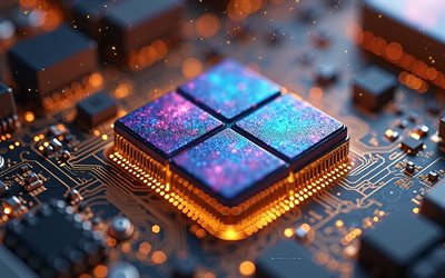 Windows 11 3d logo, golden motherboard, Windows 11 logo, purple Windows glitter logo, Microsoft logo, Windows 11 emblem, creative art, technology background, Microsoft
