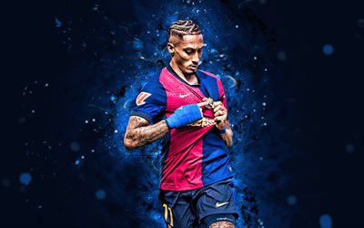 4k, Raphinha, joy, FC Barcelona, La Liga, blue neon light, brazilian footballers, Raphinha 4K, blue abstract background, football, soccer, Barcelona FC, LaLiga, Barcelona, FCB, Raphinha Barcelona