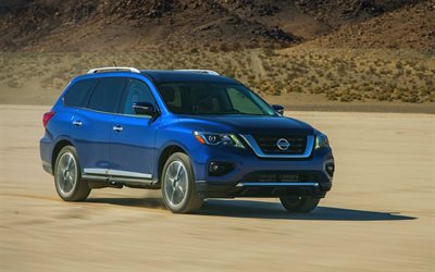 crossovers, 2017, Nissan Pathfinder, desert, movement, blue nissan