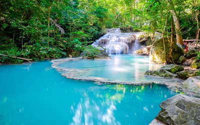parque nacional erawan, cachoeiras, selva, floresta, verão, tailândia