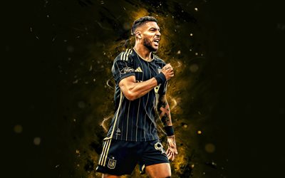 denis bouanga, 4k, luzes de neon marrons, los angeles fc, mls, jogadores de futebol gabão, denis bouanga 4k, futebol, futebol da liga principal, denis bouanga los angeles fc
