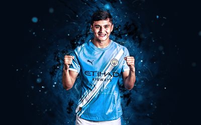 4k, عبدوكودير خوسانوف, خلفية تجريدية زرقاء, مانشستر سيتي fc, الدوري الإنجليزي الممتاز, لاعبي كرة القدم uzbek, عبدوكودير خوسانوف 4k, أضواء النيون الزرقاء, كرة القدم, مان سيتي, عبدوكودير خوسانوف مانشستر سيتي