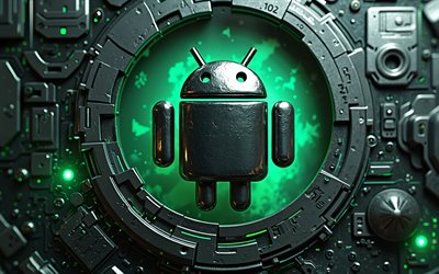 4k, Android metal logo, creative, green neon lights, OS brands, 3D art, artwork, black metal backgrounds, Android 3D logo, Android logo, brands, Android