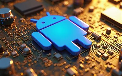 Android 3d blue logo, 4k, golden motherboard, Android sign, Android logo, Android emblem, golden technology background, Android, background with Android logo, Android 3d logo