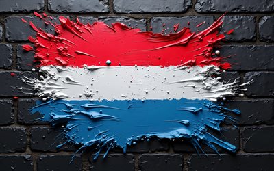 4k, Luxembourg flag, creative, black brickwall, paint art, Luxembourgish flag, paint splashes, flag of Luxembourg, artwork, Europe, Luxembourg national symbols, Luxembourg 3D flag, Luxembourg