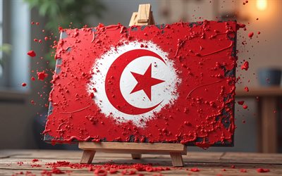 4k, tunesienflagge auf staffel, bokeh, flagge von tunesien, lackspritzer, tunesische flagge, tunesienflagge, tunesien 3d  flagge, tunesien