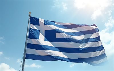 Greek flag, 4k, sun, sky, Flag of Greece, Greek flag against the sky, Greece flag, Greece, Greek flag on flagpole, Greek national symbols, Greek flag in the wind