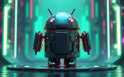 logotipo de android, 4k, luces de neón verdes y moradas, emblema 3d de android, logotipo de android 3d metal, signo de android, androide, fondo tecnológico, robot android 3d