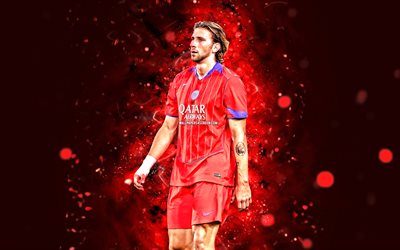 Ilya Zabarnyi, 4k, red neon lights, Paris Saint-Germain, Ligue 1, Ukrainian footballers, Ilya Zabarnyi 4K, football, soccer, PSG, Ilya Zabarnyi PSG