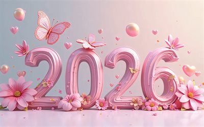 2026 dígitos 3d rosados, 4k, 2026 feliz año nuevo, 2026 conceptos, mariposas rosadas, 2026 dígitos 3d, 2026 fondo rosa, feliz año nuevo 2026, arte 3d creativo
