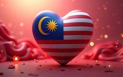 4k, amo a malasia, fondo 3d rojo, bokeh, día de malasia, bandera de malasia, arte 3d, corazón con bandera de malasia, creativo, corazones 3d, malasia, amor por malasia