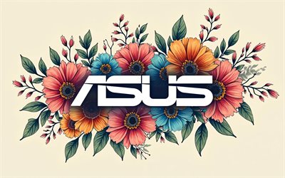 Asus abstract logo, 4k, floral art, electronics brands, retro art, abstract flowers, Asus floral logo, artwork, brands, Asus logo, Asus