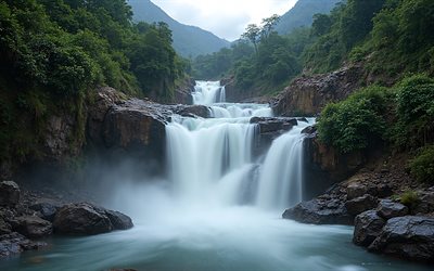 cascade de cascades, forêt tropicale, cascades de montagne, paysage des montagnes, asie, temps nuageux, cascade, rivière montagneuse