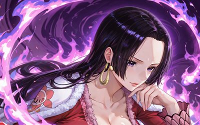 بوا هانكوك, 4k, نيران النار الأرجواني, قطعة واحدة, خلفية مجردة أرجوانية, إمبراطورة القراصنة, أحرف قطعة واحدة, قراصنة كوجا, المانجا, قطعة واحدة بوا هانكوك