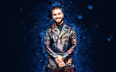 Maluma, 4k, blue neon lights, colombian singers, music stars, Juan Luis Londono Arias, artwork, colombian celebrity, Maluma 4K
