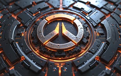 logotipo de overwatch metal, 4k, luces de neón naranja, fondo de metal 3d, marcas de juegos, creativo, marcas, overwatch 3d logotipo, obra de arte, logotipo de overwatch, engaño