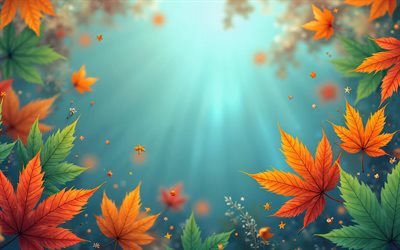 4k, cornice di foglie autunnali, sfondo blu, creativo, cornici autunnali, foglie autunnali, frame foglie, fall fall, foglie sfondi, concetti autunnali, sfondo autunnale blu