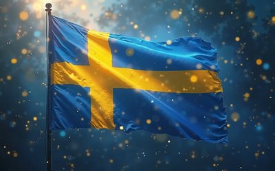 4k, bandeira da suécia no flagpole, obra de arte, arte digital, bandeira da suécia, brilho azul, fundo azul, bokeh, bandeira sueca, europa, bandeira da suécia ondas de tecido, bandeira 3d da suécia, suécia