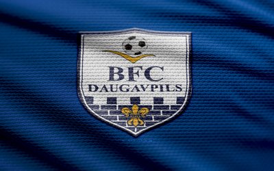 bfc daugavpils fabric logo, 4k, fond de tissu bleu, virsliga, bokeh, football, bfc daugavpils logo, bfc daugavpils emblem, bfc daugavpils, club de football letton, daugavpils fc