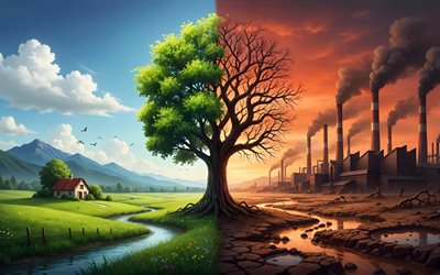 4k, poluição ambiental, 3d art, conceitos de ecologia, proteger a natureza, conceitos de ambiente, conceitos ecológicos, indústria pesada, dano ao meio ambiente, árvore verde e fábricas