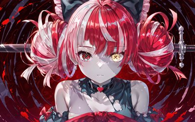 4k, कुरिजी ओली, कलाकृति, आभासी youtuber, लाल अमूर्त पृष्ठभूमि, वोटुबर, ज़ोंबी, अंधेरा, एक प्रकार का, heterochromia, मंगा, कुरिजी ओली चैनल