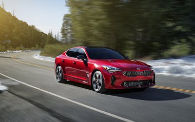 Kia Stinger GT, 2018 les voitures, la vitesse, la route, les voitures de luxe, rouge kia
