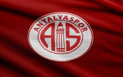 Antalyaspor fabric logo, 4k, red fabric background, Super Lig, bokeh, soccer, Antalyaspor logo, football, Antalyaspor emblem, Antalyaspor, turkish football club, Antalyaspor FC