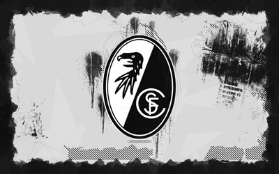 sc freiburg grunge  logo, 4k, bundesliga, valkoinen grunge  tausta, jalkapallo, sc freiburg  tunnus, sc freiburg  logo, sc freiburg, saksalainen jalkapalloseura, freiburg fc