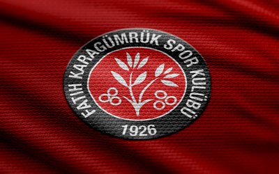 Fatih Karagumruk fabric logo, 4k, red fabric background, Super Lig, bokeh, soccer, Fatih Karagumruk logo, football, Fatih Karagumruk emblem, Fatih Karagumruk, turkish football club, Fatih Karagumruk FC