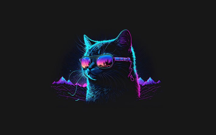 silhueta de neon de um gato, fundo preto, gato com óculos, luz neon, gato criativo