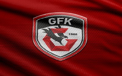 Gaziantep fabric logo, 4k, red fabric background, Super Lig, bokeh, soccer, Gaziantep logo, football, Gaziantep emblem, Gaziantep, turkish football club, Gaziantep FC
