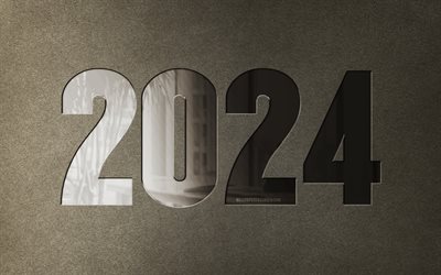 2024 hyvää uutta vuotta, 4k, liiketoimintakonseptit, 2024 kivitausta, 2024 käsitteet, 2024 metallinumero, hyvää uutta vuotta 2024, luova, 2024 vuosi