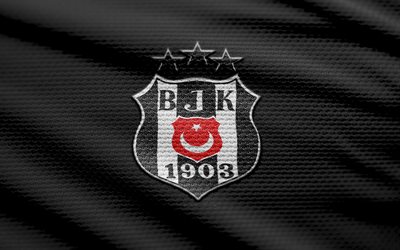 besiktas fabric logo, 4k, schwarzer stoffhintergrund, super lig, bokeh, fußball, besiktas logo, besiktas emblem, besiktas jk, turkischer fußballverein, bjk, besiktas fc